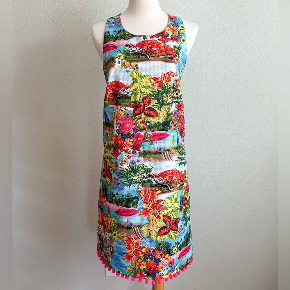 Nicole Miller Tropical Vacation Print Dress with Open Back and Pom Pom Details